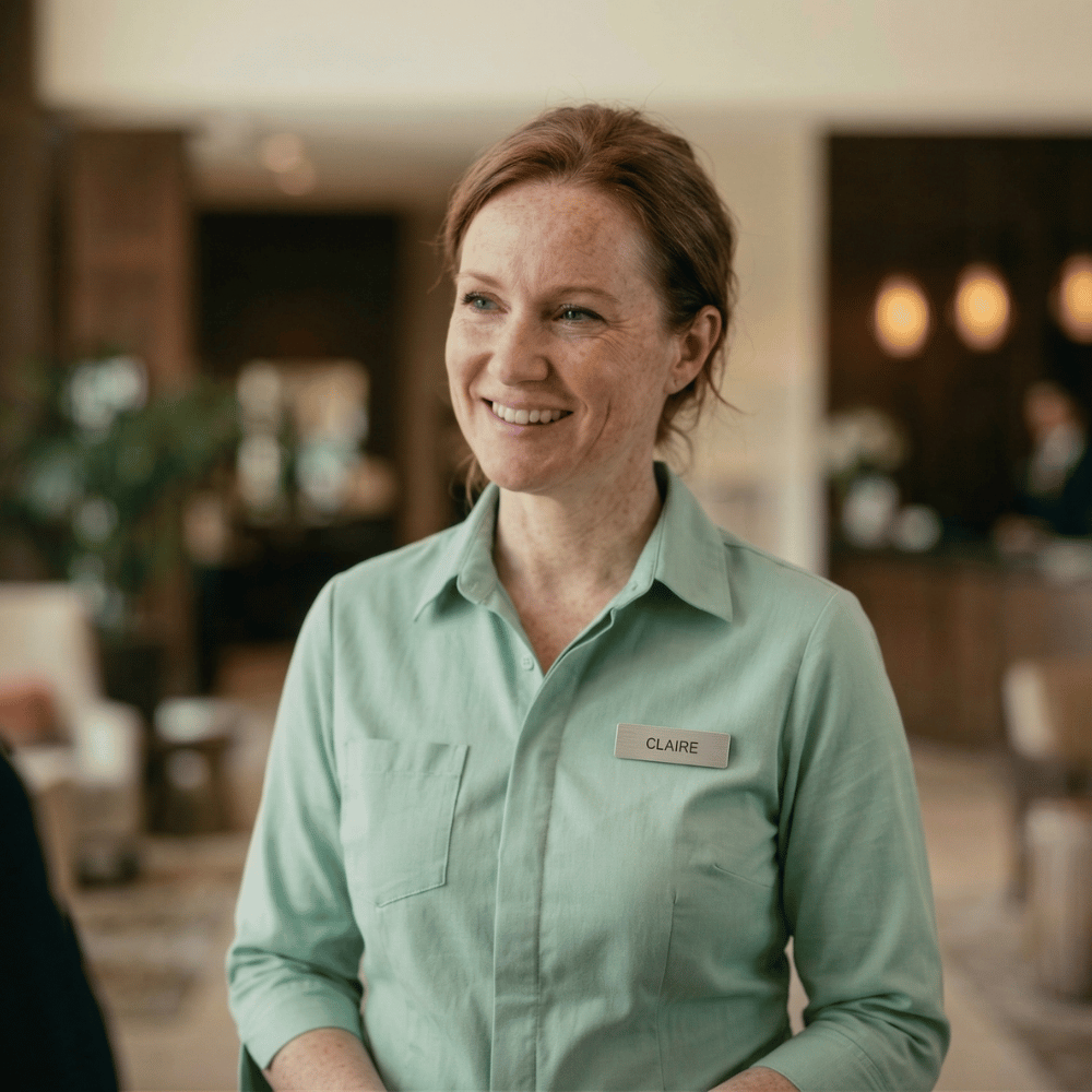 Club team member smiling while welcoming guests in a venue foyer